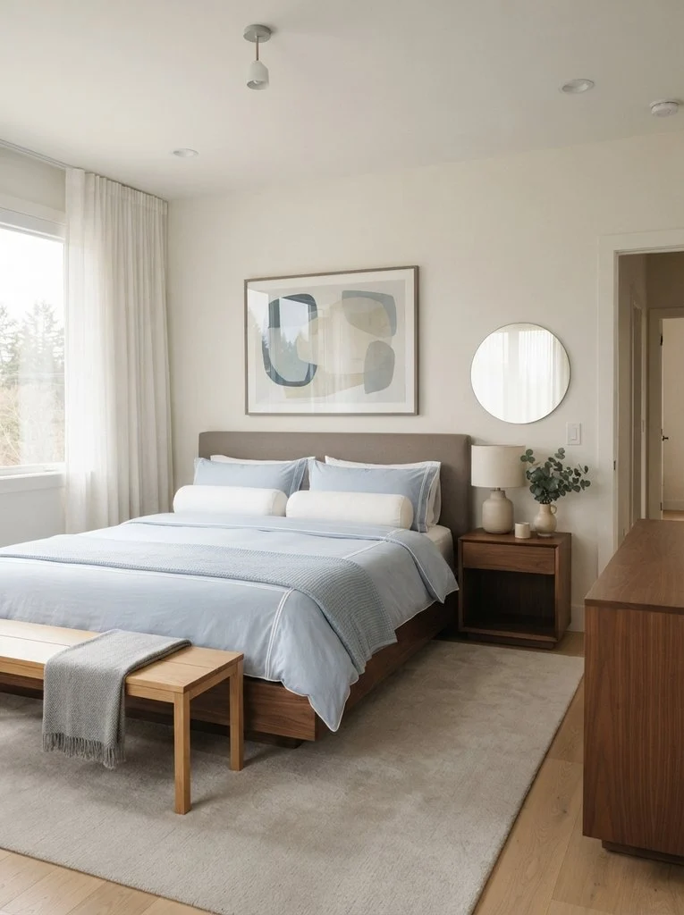 Modern minimalist bedroom featuring light blue bedding ideas, including a powder-blue duvet set with white trim and crisp white bolster pillows.