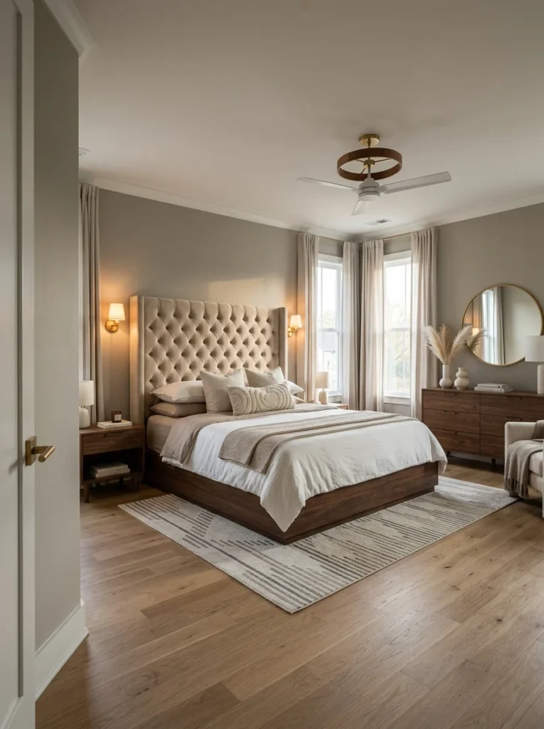 Neutral master bedroom displaying beige headboard room ideas, featuring a tall tufted beige wingback headboard paired with crisp white bedding and warm wood furniture.
