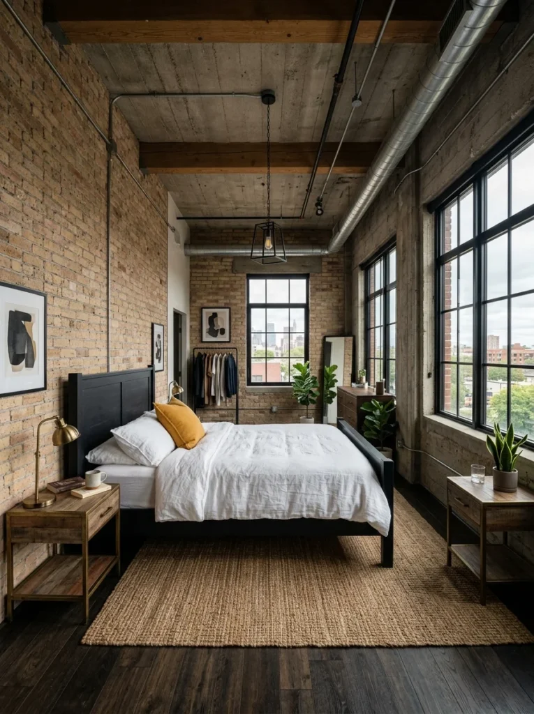 Industrial loft bedroom displaying painted bed frame ideas, featuring a matte black wooden bed frame set against an exposed yellow brick wall