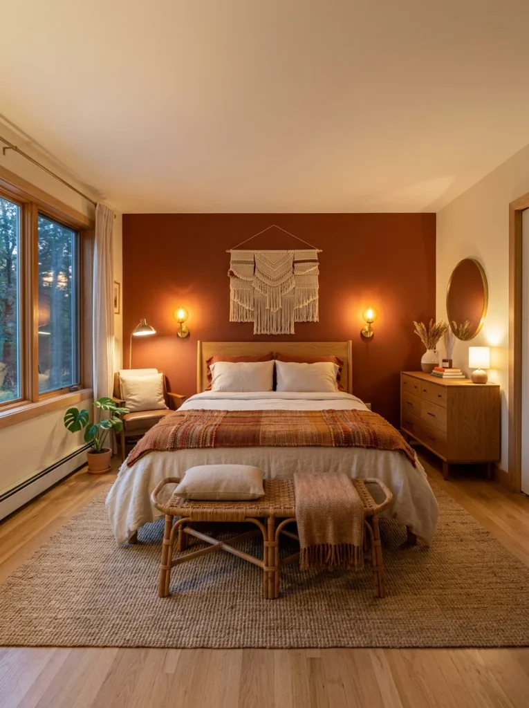 Earthy bohemian sanctuary featuring tribal bedroom ideas, showcasing a rich terracotta accent wall with a macramé wall tapestry and a woven rattan bench.