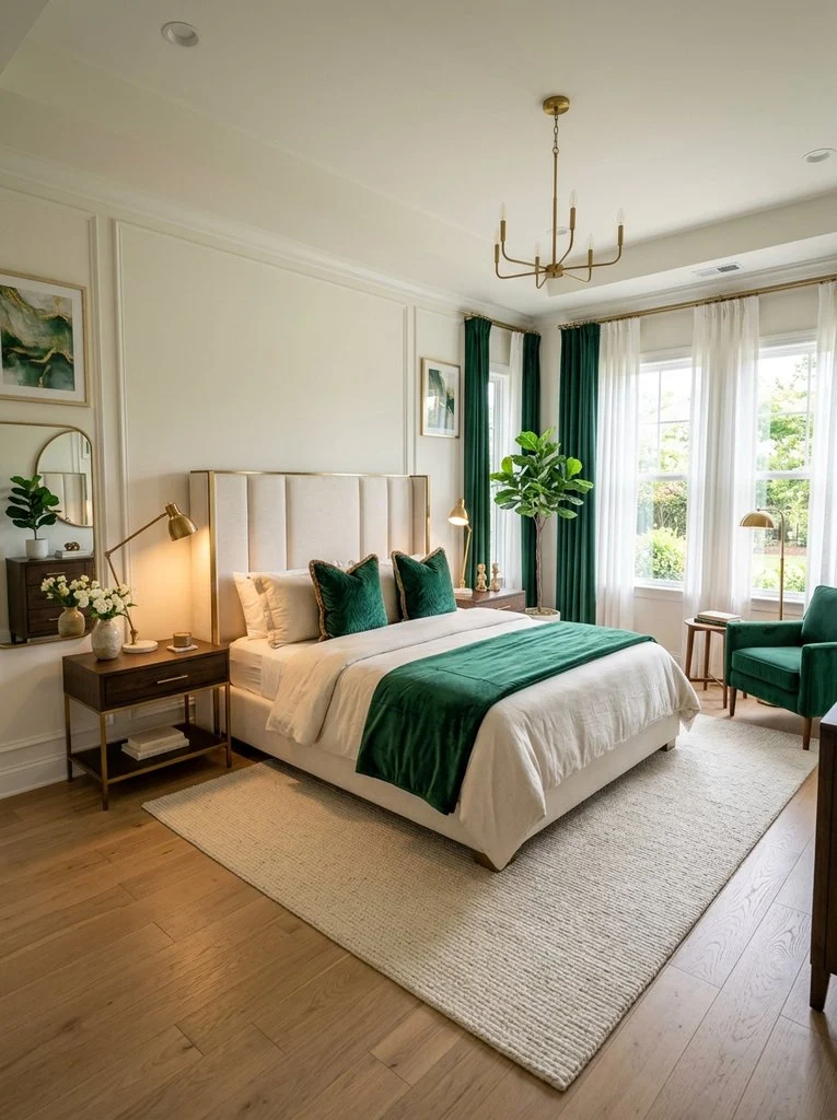 Elegant master bedroom displaying green and cream bedroom ideas, featuring a cream upholstered headboard, emerald velvet drapes, and matching green accent pillows.