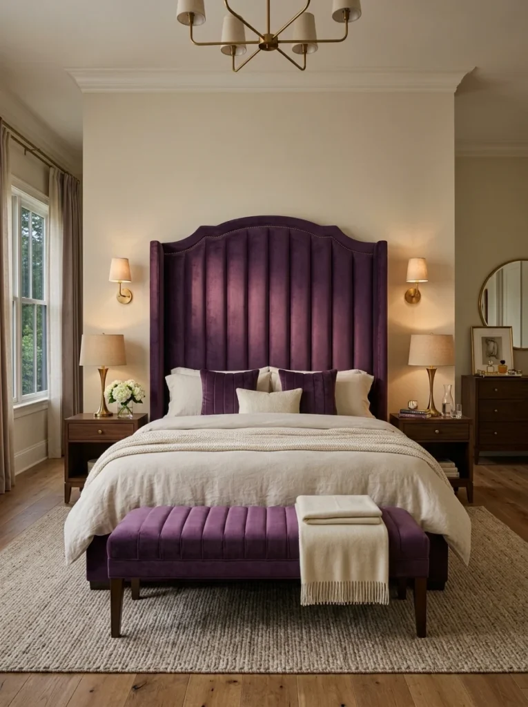Elegant suite displaying purple master bedroom ideas, featuring a tall channel-tufted deep purple velvet headboard and matching end-of-bed bench.