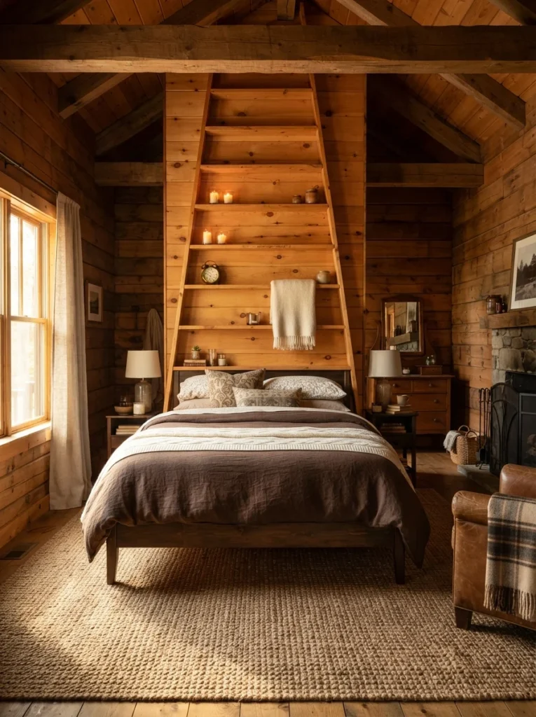 Rustic cabin bedroom showcasing DIY headboard with shelves ideas, featuring a floor-to-ceiling tapered wood shelf unit behind the bed.