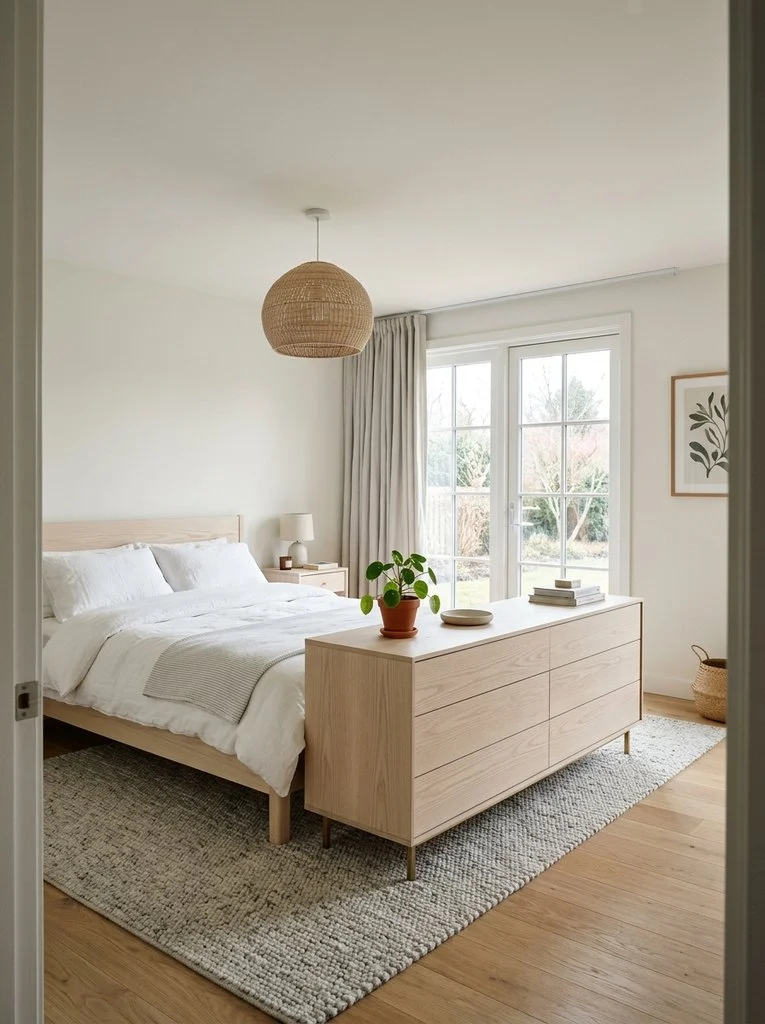 Bright neutral bedroom showcasing ideas for dresser placement at foot of bed, featuring a low light-oak wooden credenza positioned at the end of the bed.