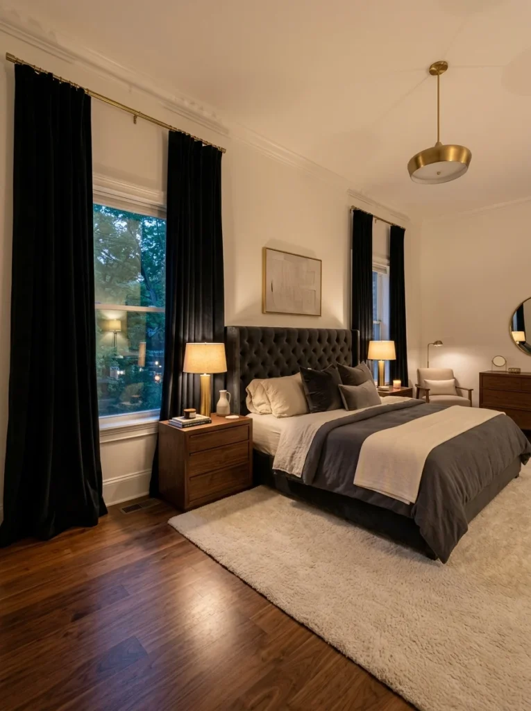 Elegant master suite displaying bedroom with black curtains ideas, featuring floor-to-ceiling black velvet drapes hung on warm brass curtain rods.