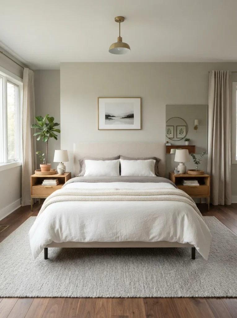 Balanced master suite showcasing couple bedroom ideas, featuring an upholstered beige bed, symmetrical light wood nightstands, and soft neutral curtains.
