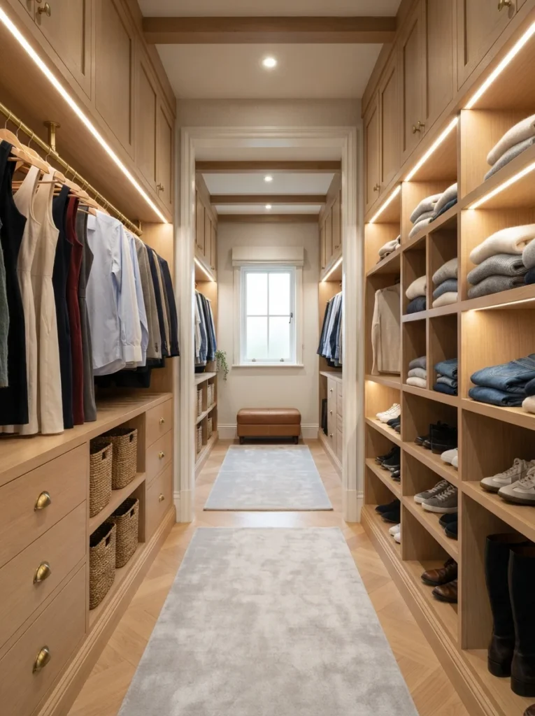 Luxury walk-through closet layout showcasing master suite floor plan ideas, featuring floor-to-ceiling oak cabinetry and integrated LED strip lighting.