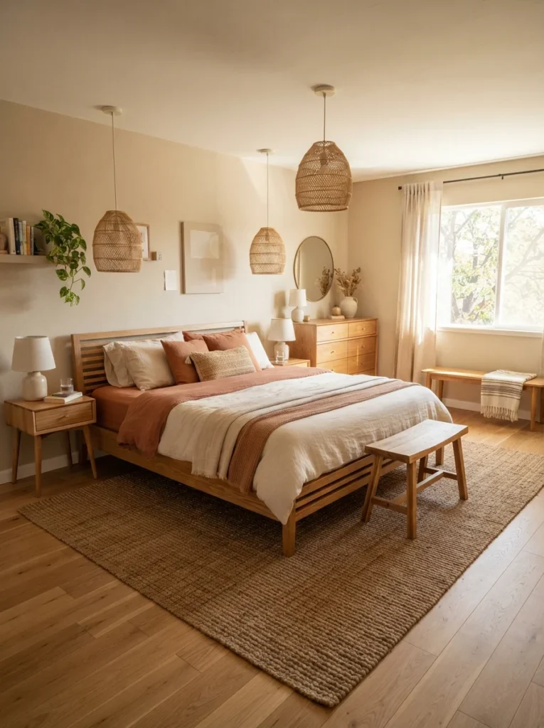 Warm modern bedroom featuring platform bed design ideas, with a slatted wooden platform bed frame, terracotta bedding, and woven pendant lamps.