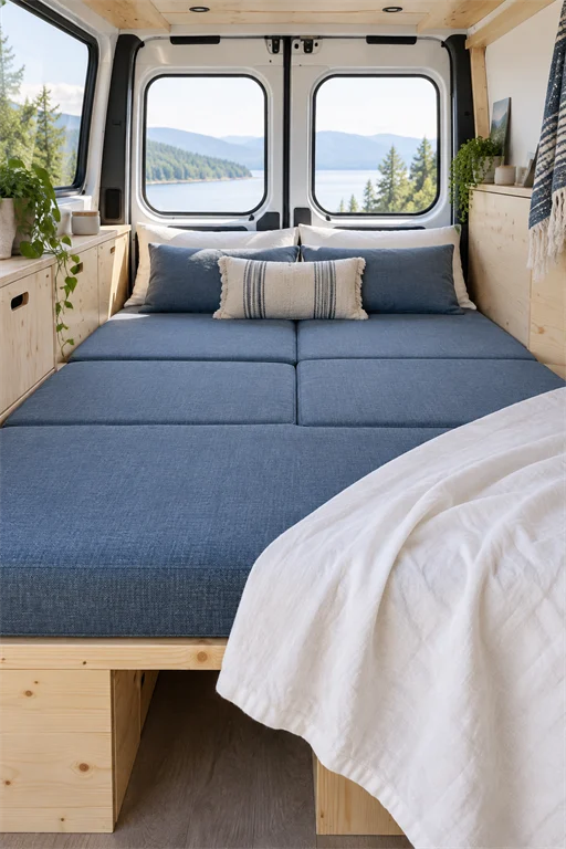 Denim blue convertible cushion bed in a campervan facing two windows with a lake view