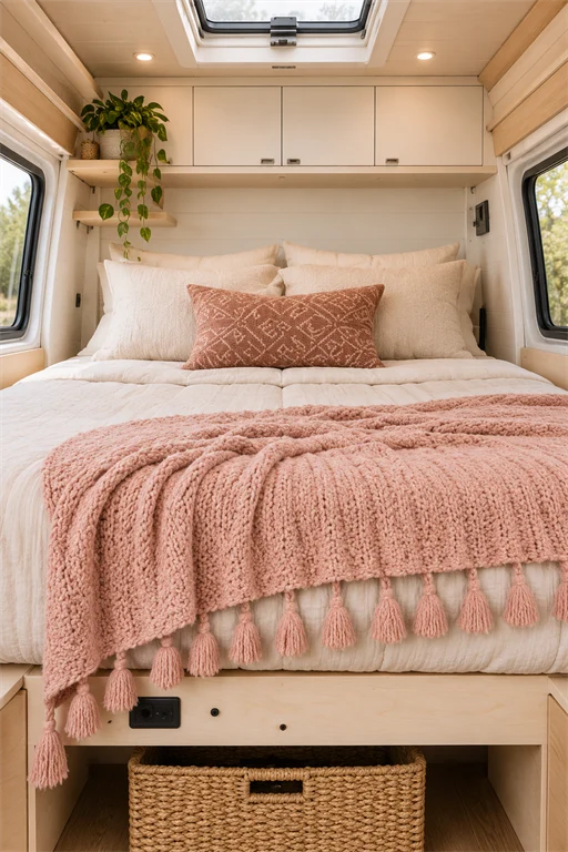 Cream campervan bed with a blush pink tasseled knit throw and a rust patterned pillow