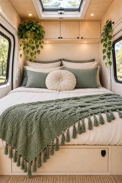 Campervan bed framed by hanging pothos plants with sage pillows and a green macrame tassel throw