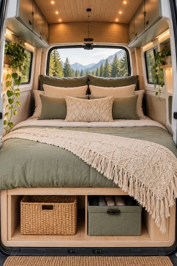 Sage green campervan bed with cream macrame throw and rear doors open to a pine forest