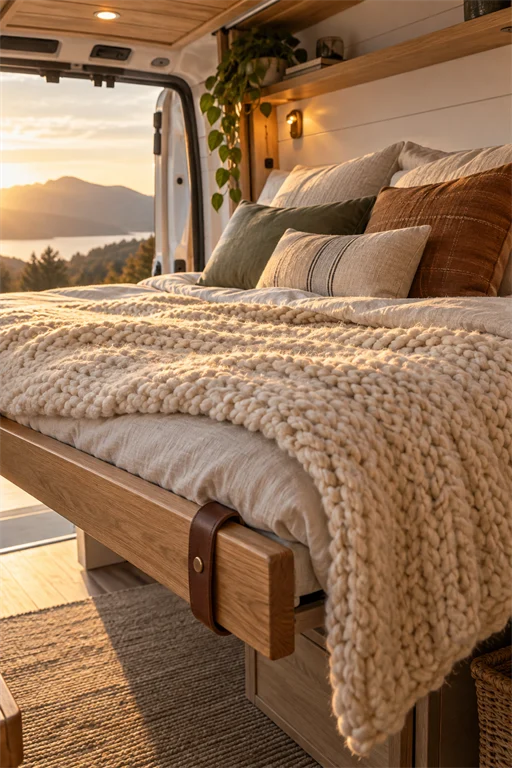 Oak platform campervan bed with a chunky cream knit blanket and a mountain lake view at golden hour