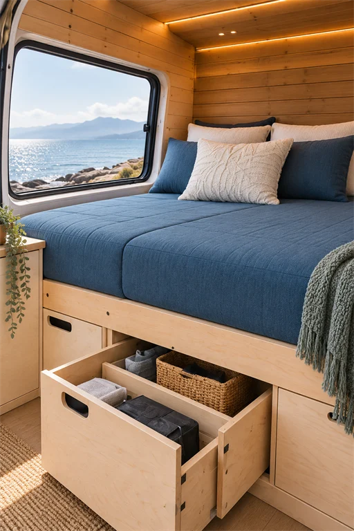 Denim blue campervan bed above birch plywood cabinets with a deep storage drawer pulled open