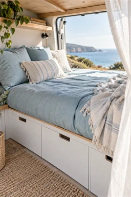 Light blue linen campervan bed with white under-bed drawers and an open door showing the ocean