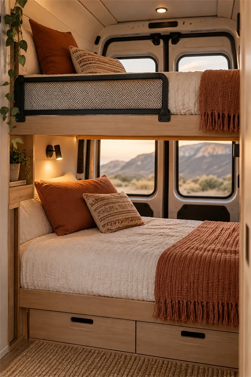 Camper van bunk beds with cream bedding and rust pillows facing windows with a desert view at dusk