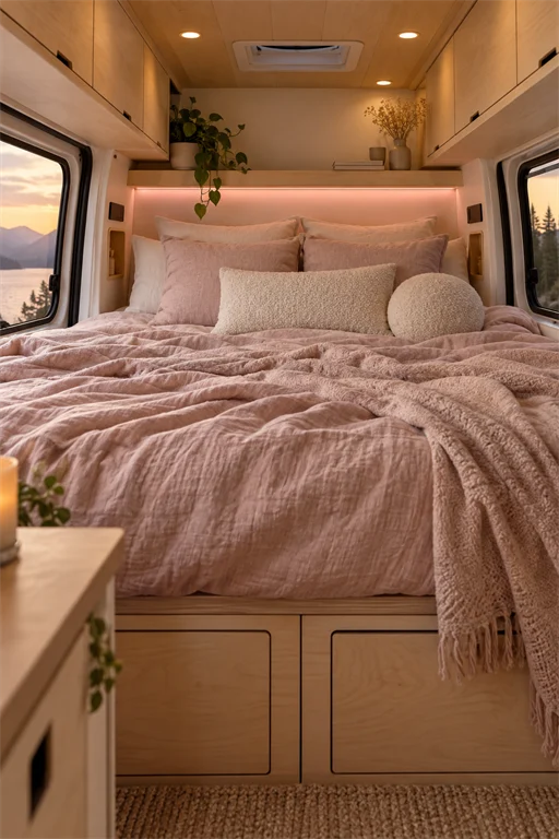 Dusty pink linen campervan bed with birch cabinets and a lake catching pink sunset light