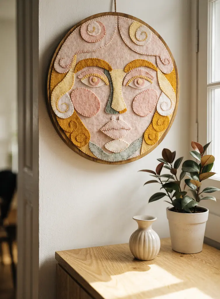3D self portrait ideas: round felt face wall hanging in blush, mustard and sage wool felt above an oak console