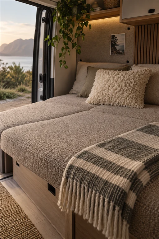 Grey boucle campervan bed with a plaid fringed throw, slatted wood wall, and a sea view through the side door