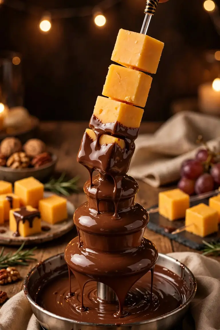 Cheddar cheese cubes on skewers in a flowing chocolate fountain, one of the dip chocolate fountain ideas