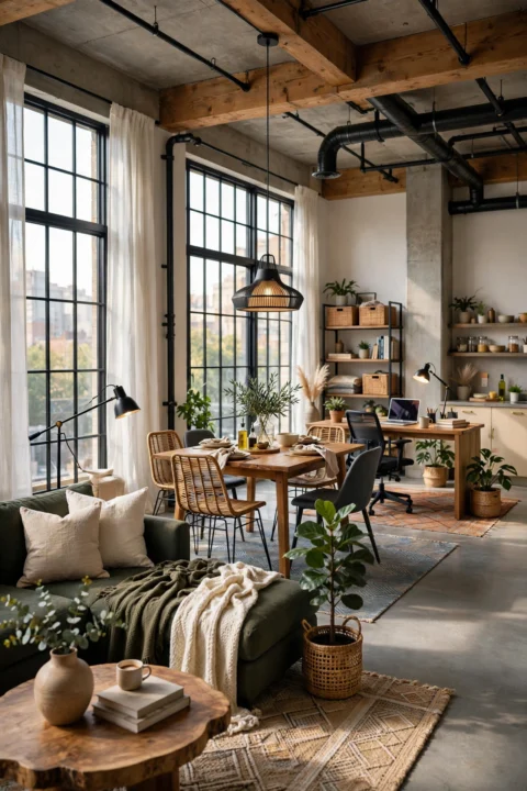 Open loft with black steel windows split into living and dining zones, an example of loft decorating ideas on a budget