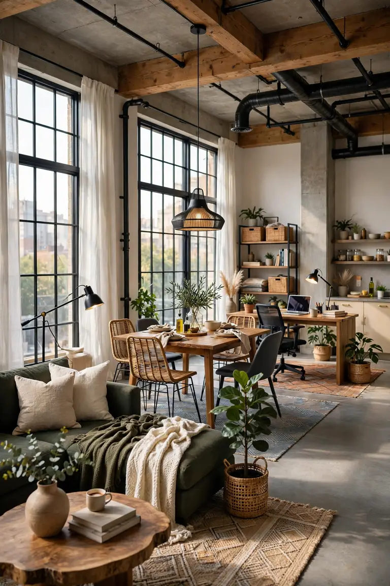 Open loft with black steel windows split into living and dining zones, an example of loft decorating ideas on a budget