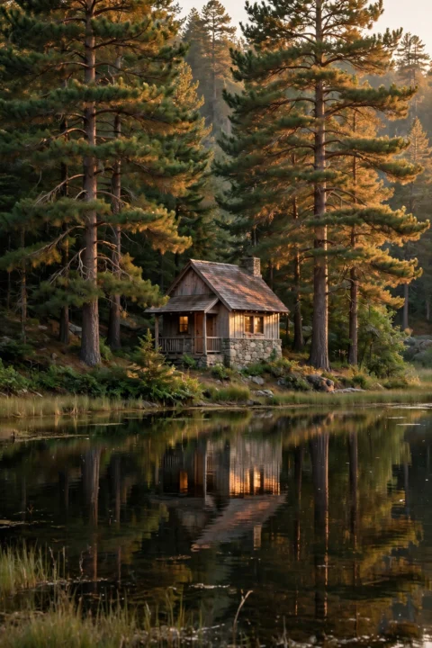 Small lake cottage among tall pine trees at golden hour, one of the cottage small lake house ideas