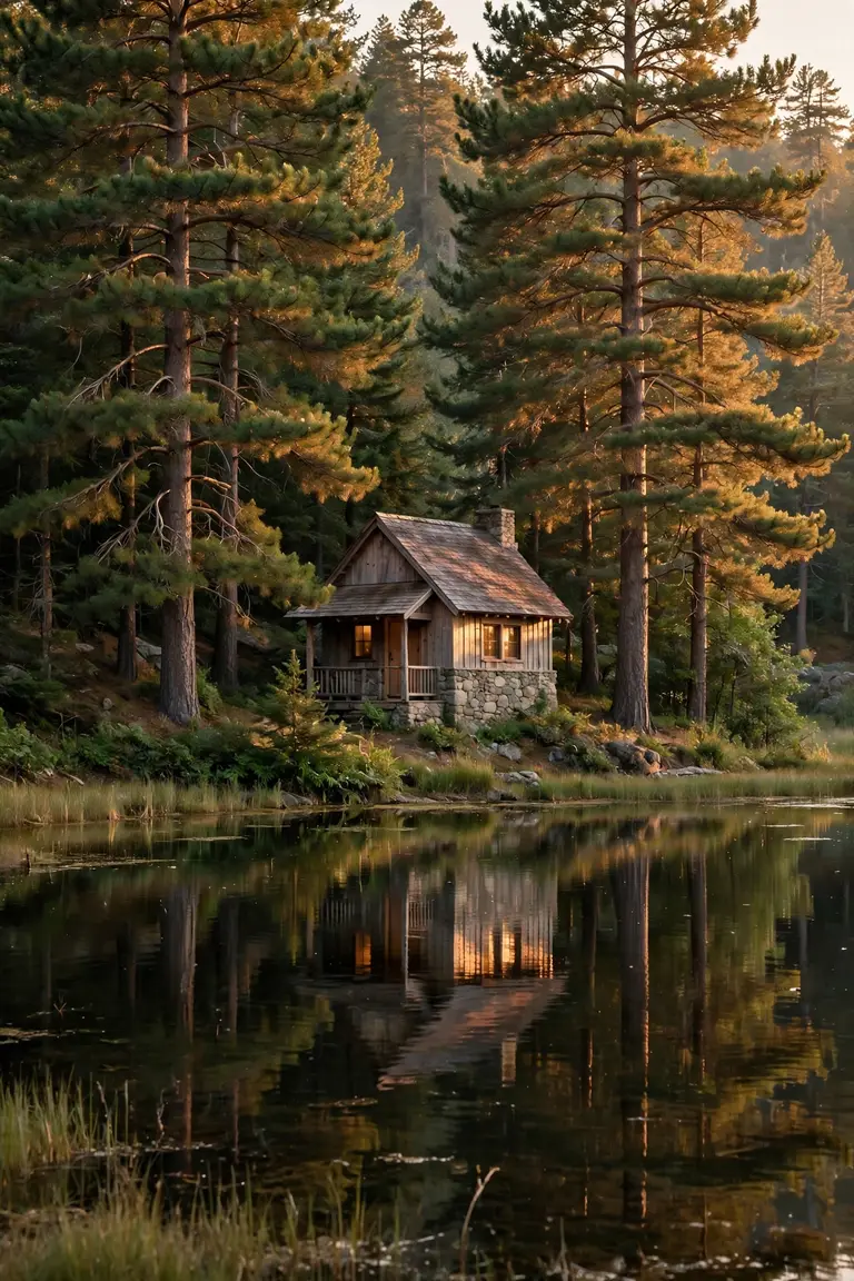 Small lake cottage among tall pine trees at golden hour, one of the cottage small lake house ideas
