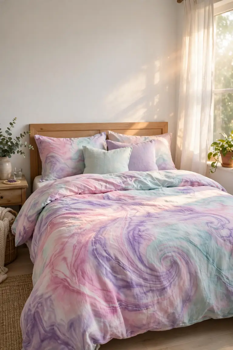 Bed dressed in soft pastel tie dye bedding, one of the easiest tie dye bedroom ideas