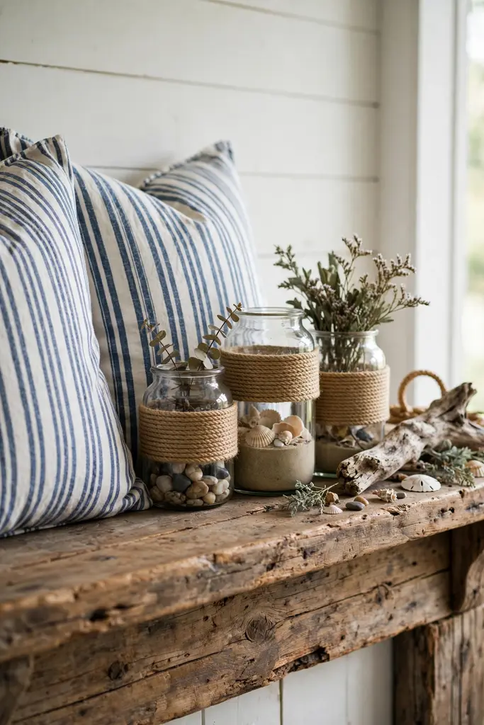 Striped pillows, rope wrapped jars and driftwood on a cottage mantel