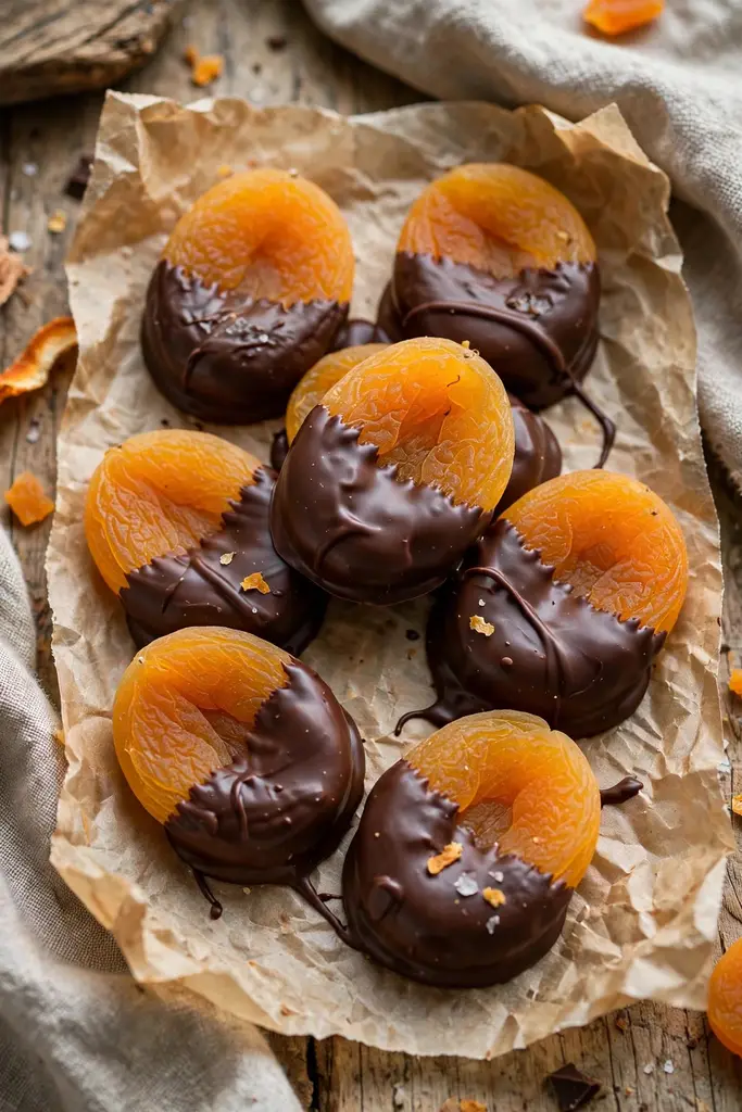 Dried apricots dipped halfway in dark chocolate