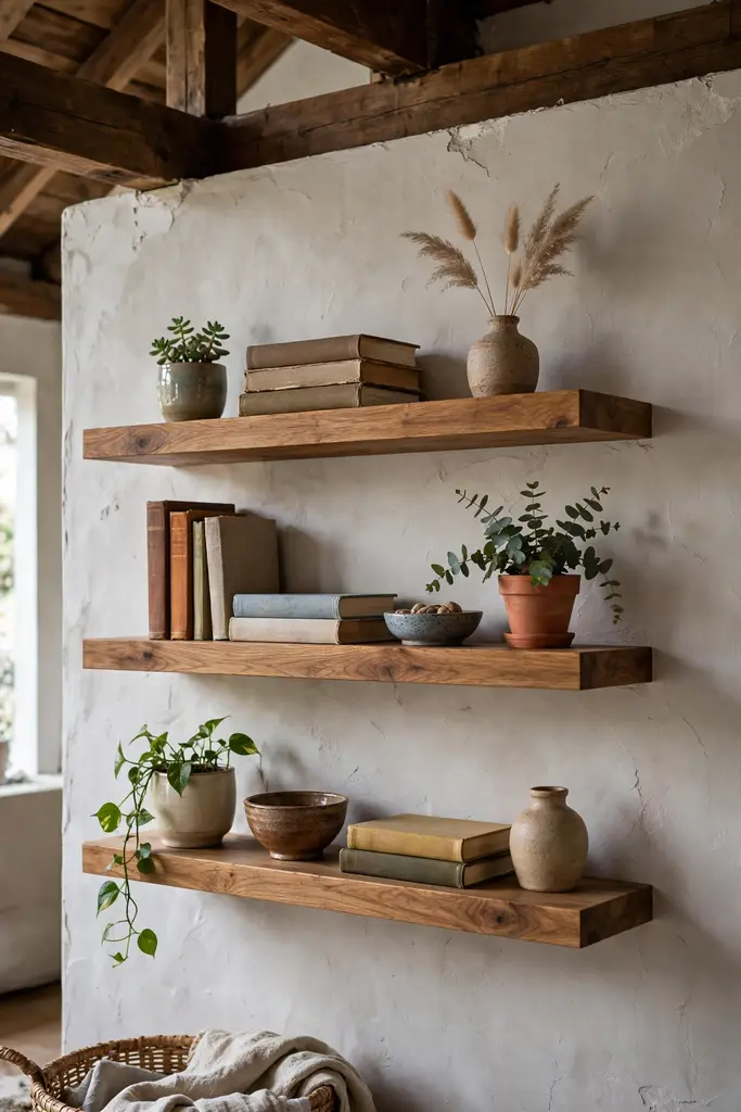 Floating wooden shelves with plants and books on a white loft wall