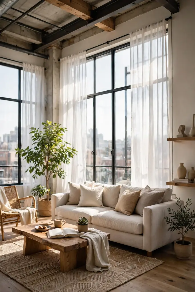 Loft living room with tall windows, sheer curtains and a cream sofa
