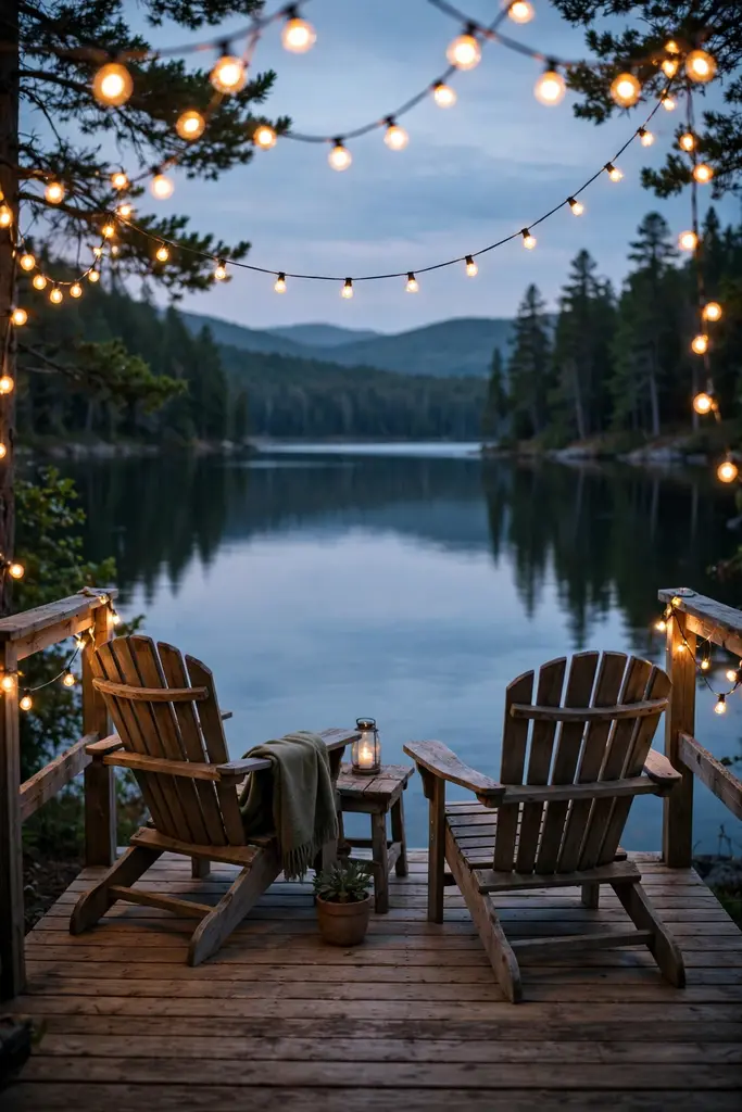 Wooden deck with Adirondack chairs and string lights facing a lake at dusk