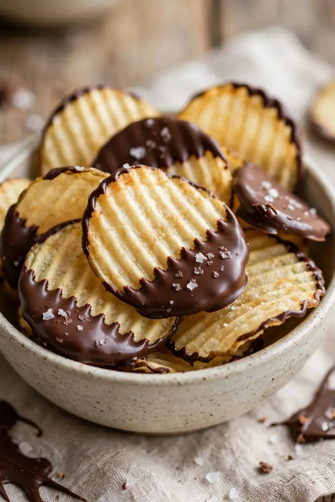Ridged potato chips with chocolate dipped edges