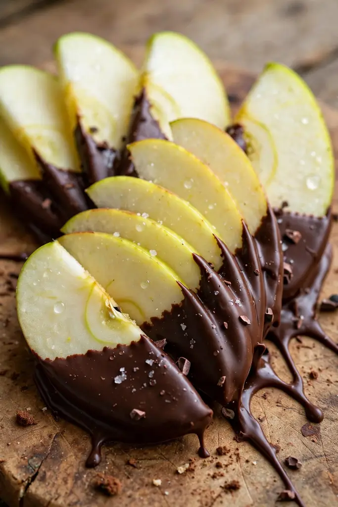 Crisp apple slices dipped in dark chocolate