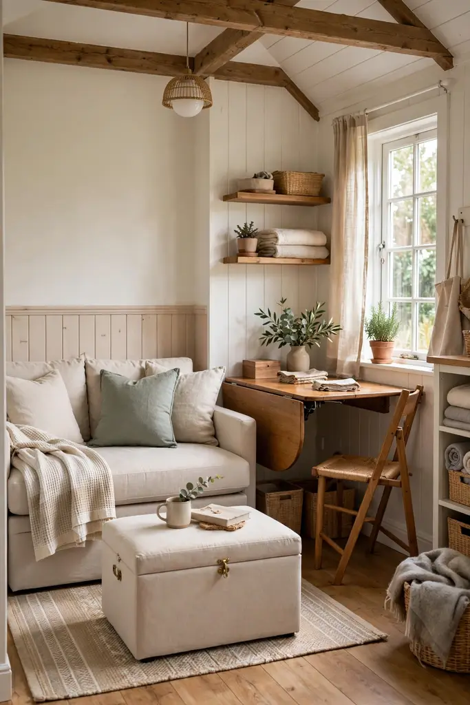 Compact cottage living room with a sofa bed, drop leaf table and storage ottoman