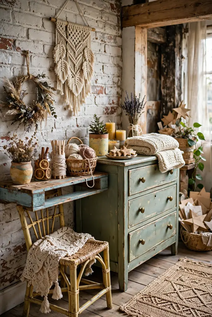 Loft corner with a painted green dresser, macrame wall hanging and woven baskets