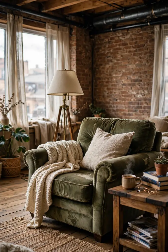 Green velvet armchair with a knit throw beside a brick wall in a loft