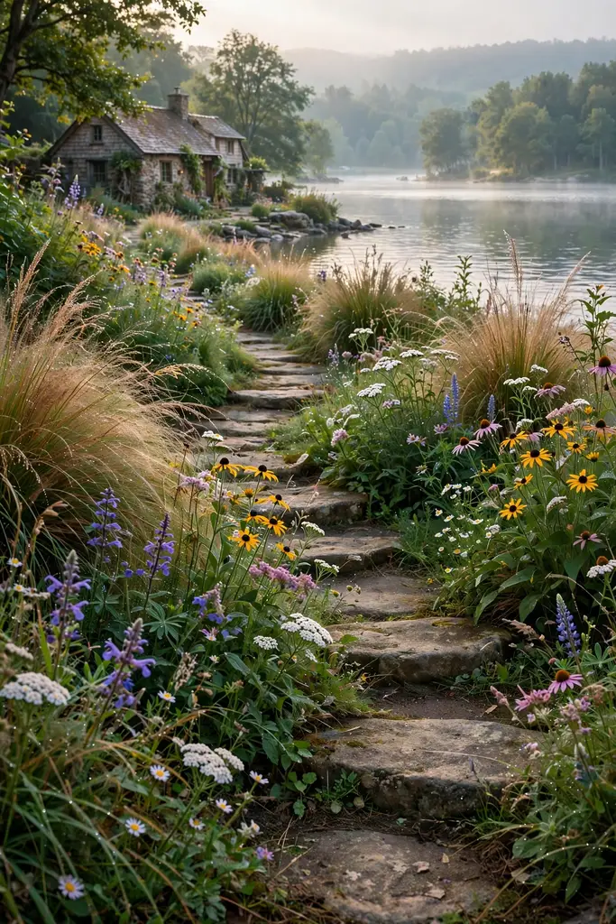 Native wildflowers and grasses along a stone path at a cottage shoreline