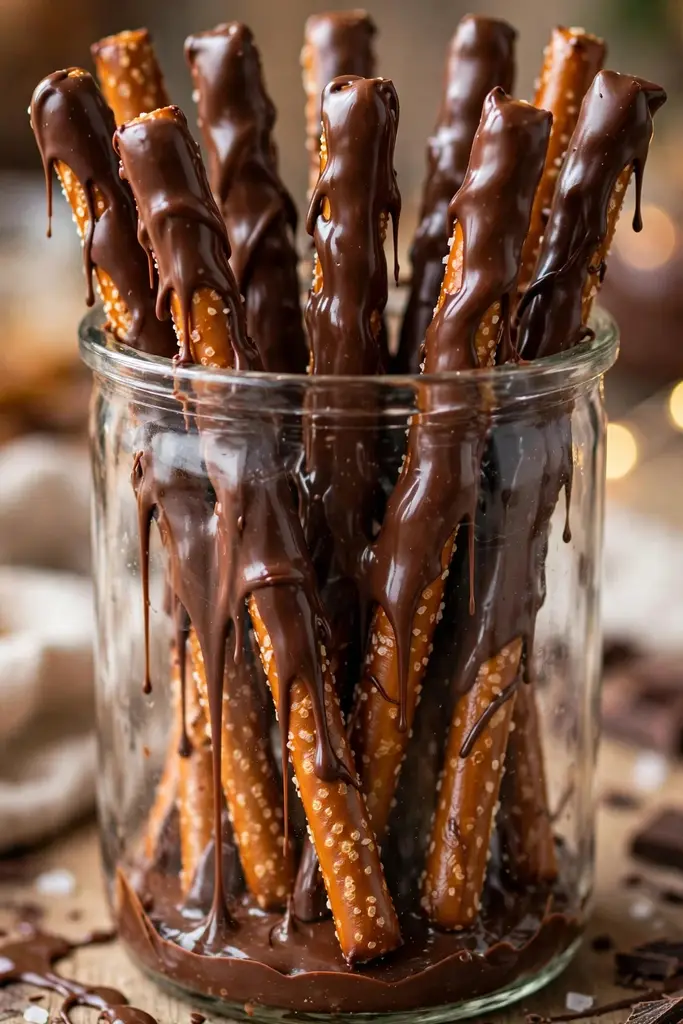 Crunchy pretzel rods coated in flowing chocolate