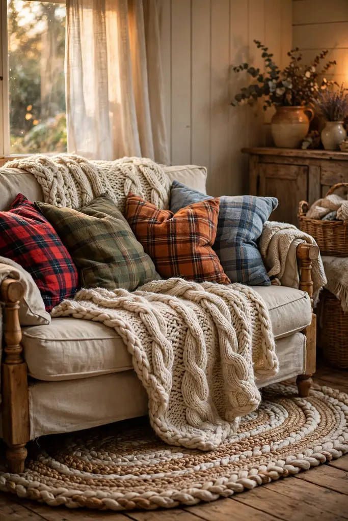 Cottage sofa with chunky knit throws, flannel cushions and a braided rug