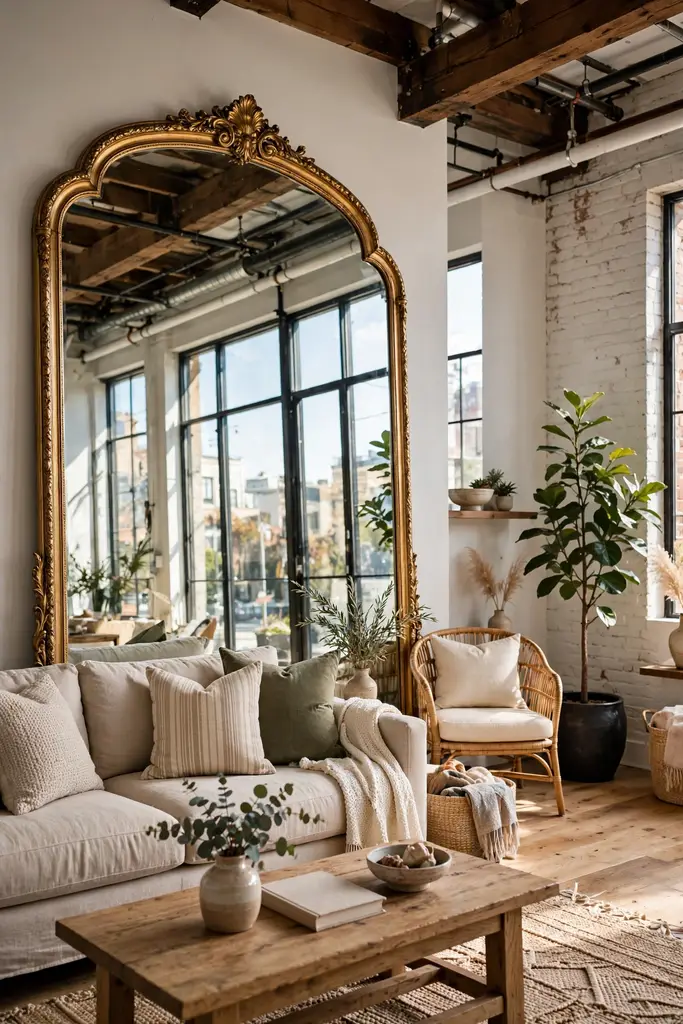 Large arched mirror reflecting tall loft windows above a sofa