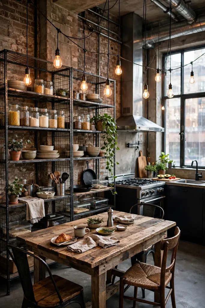 Industrial loft kitchen with metal shelving, Edison bulbs and a wooden dining table