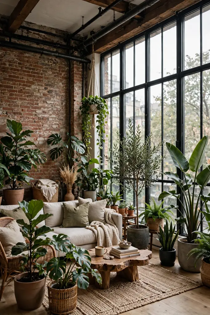 Loft corner full of potted plants beside tall steel windows