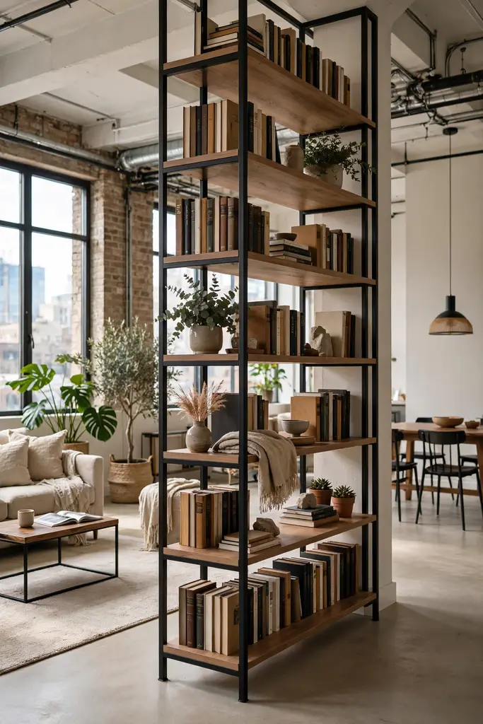 Tall metal and wood open bookshelf used as a room divider in a loft