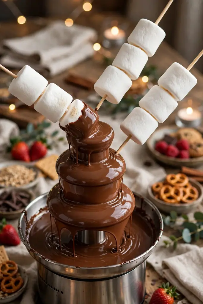 Fluffy marshmallows dipped into a smooth chocolate fountain