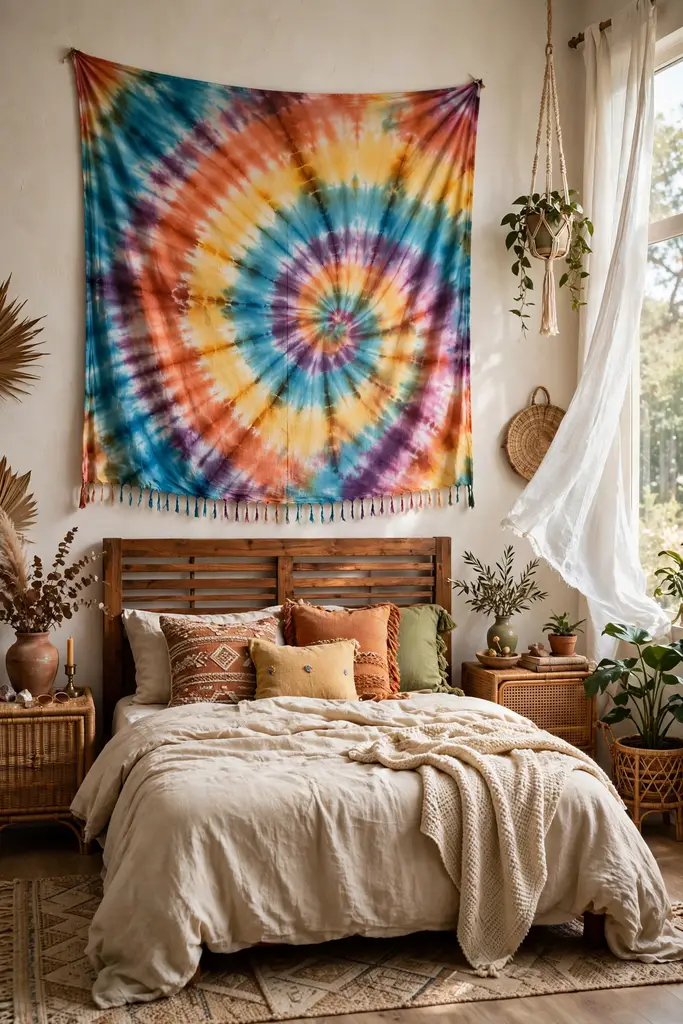 Large tie dye tapestry hung above a headboard as wall art in a bedroom