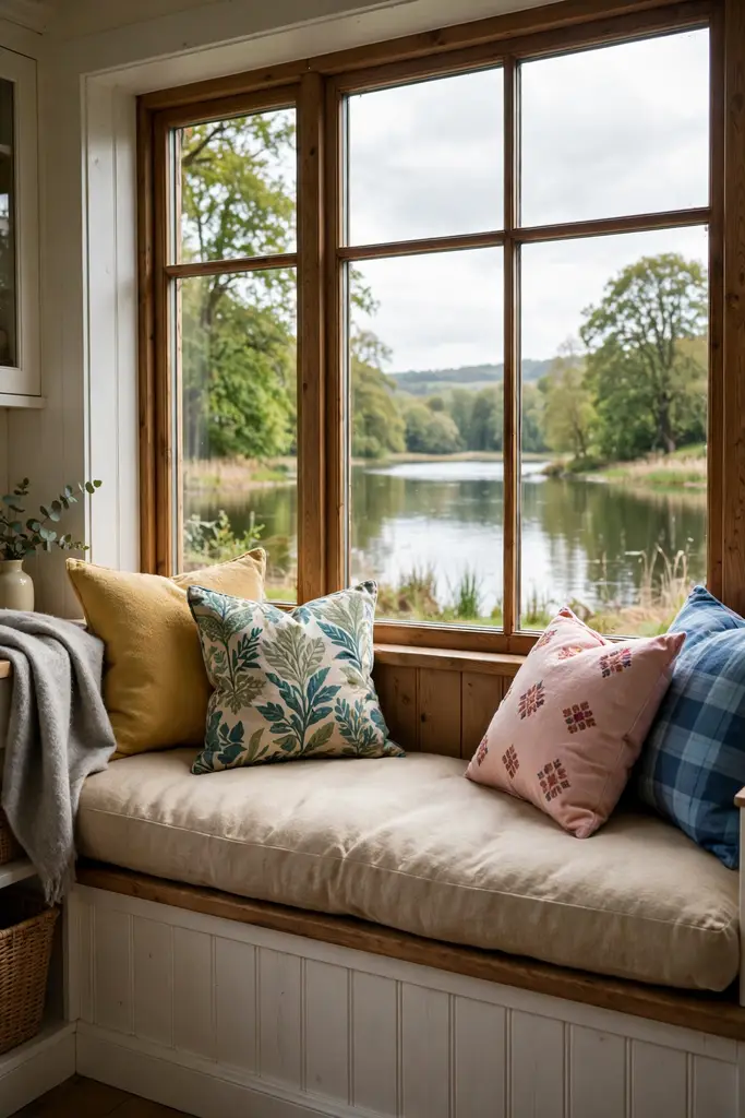 Sunlit window seat with cushions overlooking a lake