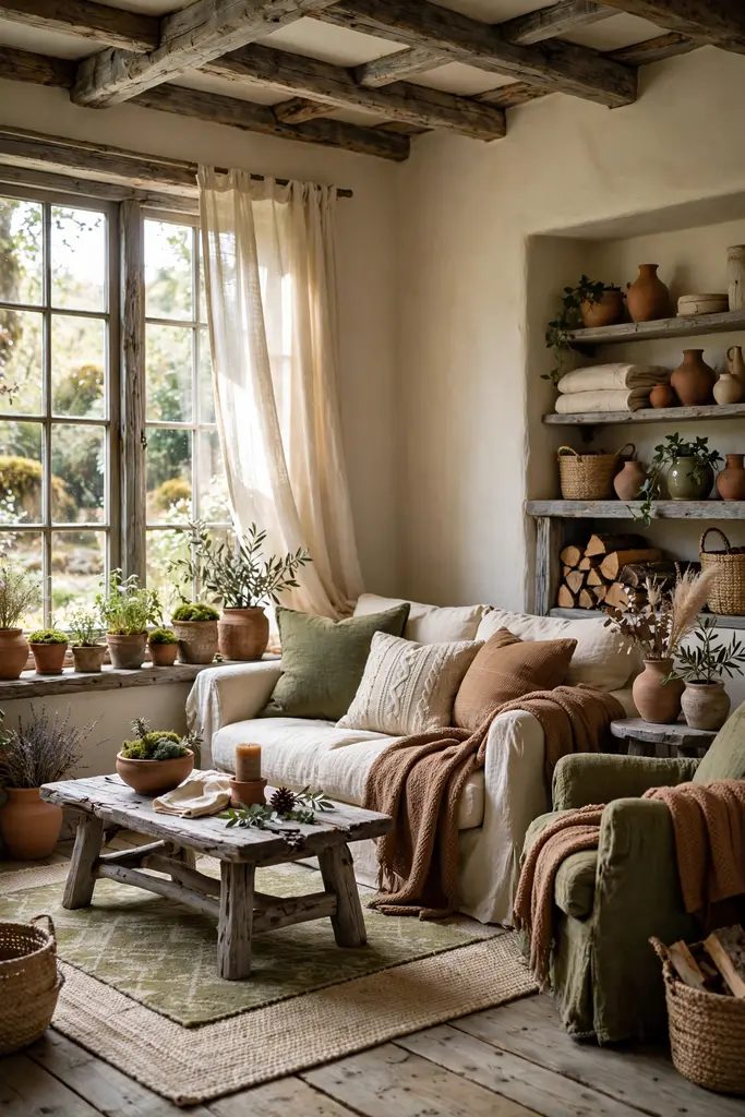 Cottage living room in cream, clay and driftwood grey tones
